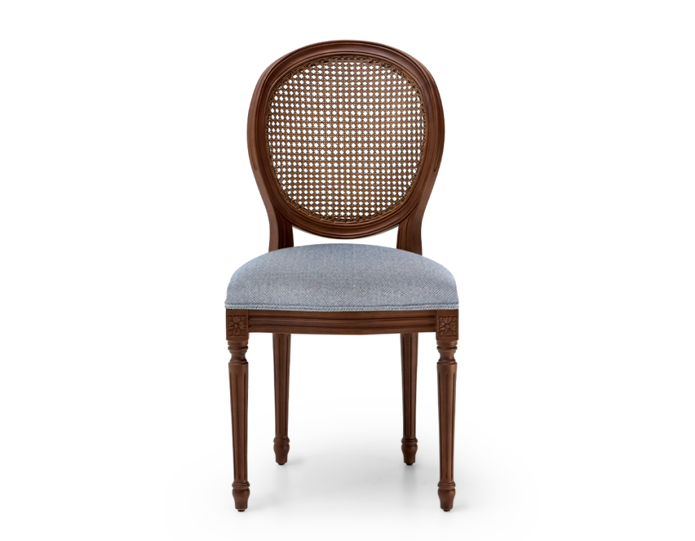 Louis XVI style antique chair dark brown stained wood with cane backrest and blue chevron fabric seat. Louis XVI style antique chair dark brown stained wood with cane backrest and blue chevron fabric seat.