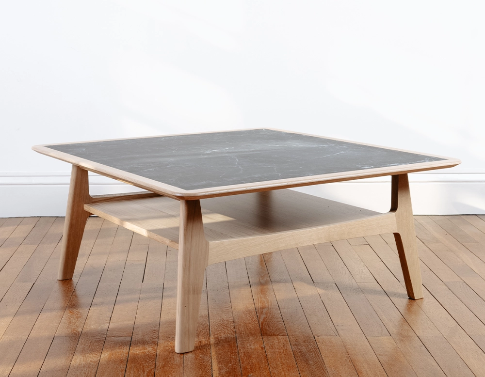 Table basse carrée en chêne et céramique avec bois teinte naturelle plateau céramique effet ardoise 100x100 cm Table basse carrée en chêne et céramique avec bois teinte naturelle plateau céramique effet ardoise 100x100 cm