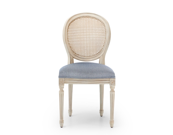 Chaise ancienne style Louis XVI bois teinte blanche cérusée dossier canné assise tissu chevron bleu
