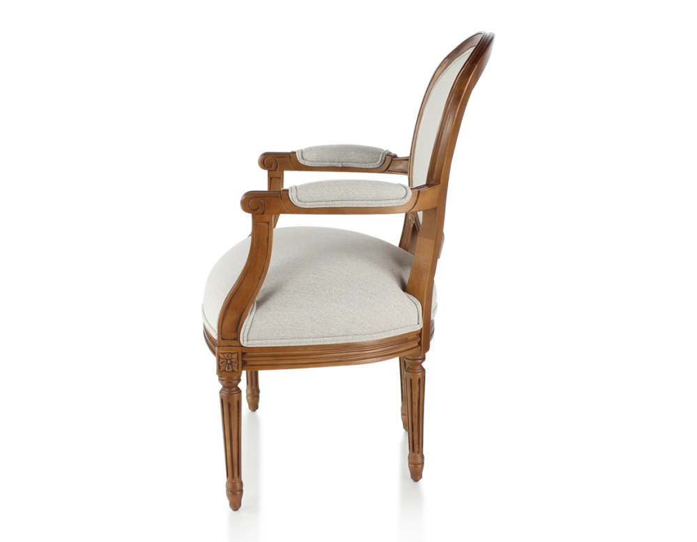 Fauteuil ancien style Louis XVI bois teinte ancienne et tissu beige naturel Fauteuil ancien style Louis XVI bois teinte ancienne et tissu beige naturel