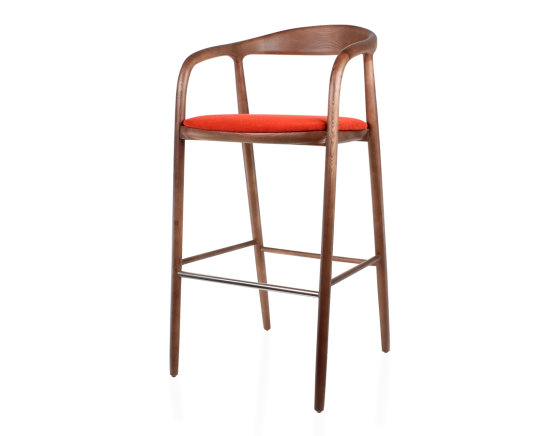 Tabouret de bar h80 cm teinte assise bois teinte marron foncé et tissu orange brulé