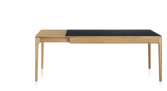 Table extensible en chêne naturel et céramique noire unie 140x90 cm allonges chêne