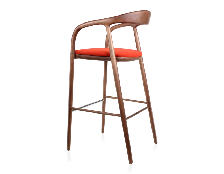 Tabouret de bar h80 cm teinte assise bois teinte marron foncé et tissu orange brulé