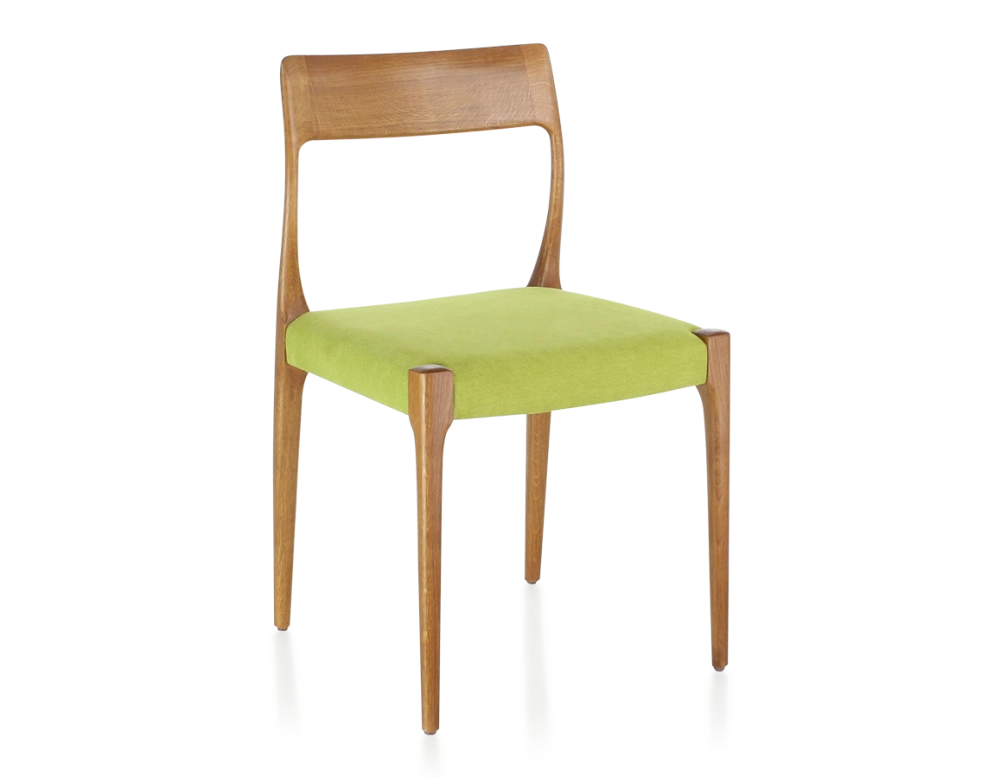 Chaise scandinave bois teinte merisier assise tissu vert pomme Chaise scandinave bois teinte merisier assise tissu vert pomme