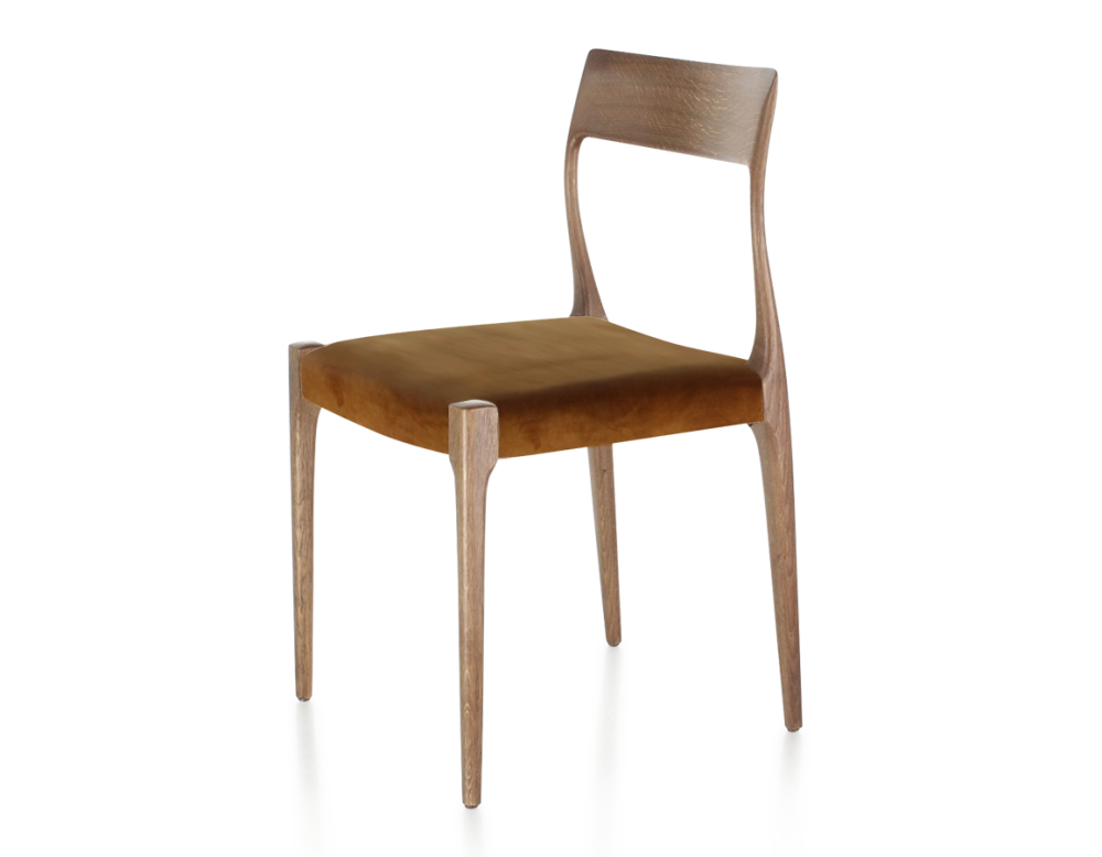 Chaise scandinave bois teinte noyer assise tissu velours bronze Chaise scandinave bois teinte noyer assise tissu velours bronze