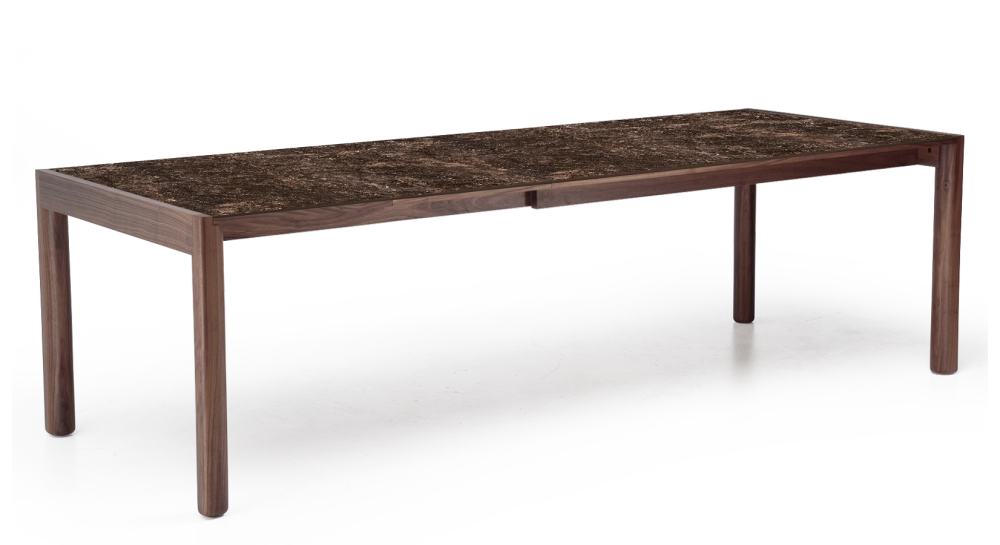 Extending table for 8 to 12 people in walnut and ceramic with ceramic extensions natural wood finish and brown marble-effect ceramic 160x100 cm Extending table for 8 to 12 people in walnut and ceramic with ceramic extensions natural wood finish and brown marble-effect ceramic 160x100 cm