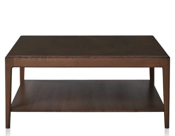 Table basse carrée en chêne et céramique avec tablette en bois teinte marron foncé plateau céramique brun oxydé 100x100 cm