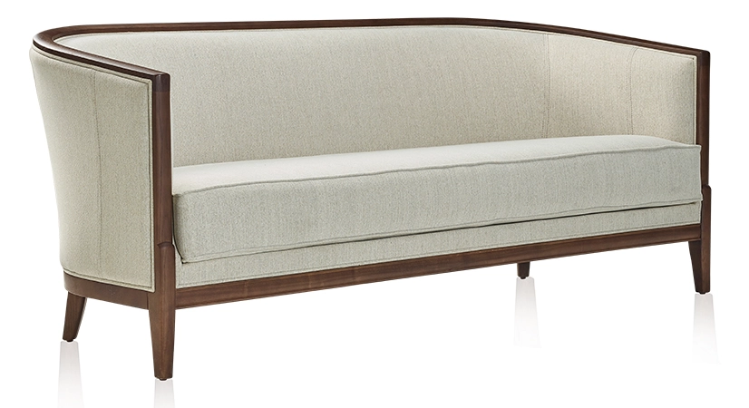 Canapé ancien 3 places bois teinte noyer et tissu beige naturel Canapé ancien 3 places bois teinte noyer et tissu beige naturel
