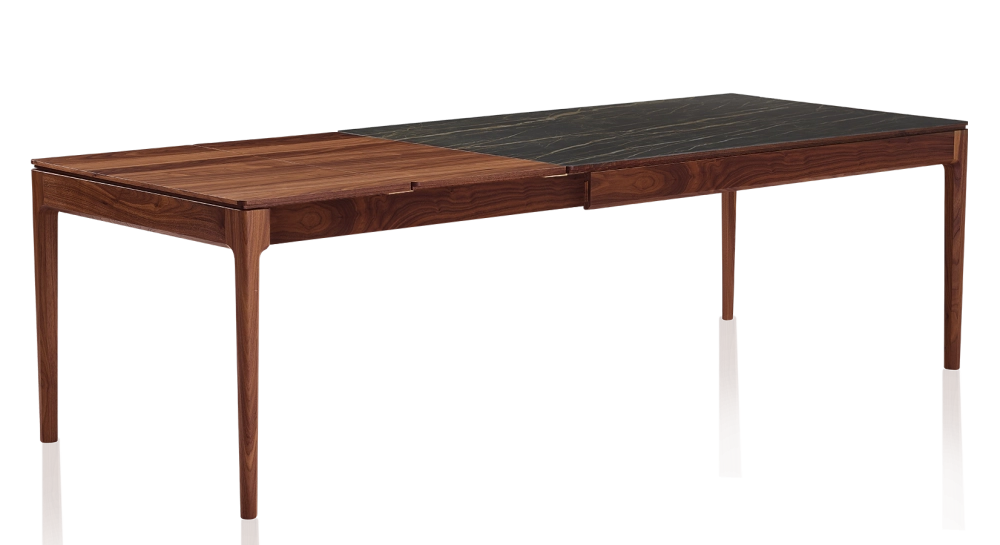 Table extensible 8 à 12 personnes en noyer et céramique allonges bois avec bois teinte naturelle et plateau céramique effet marbre noir 160x100 cm Table extensible 8 à 12 personnes en noyer et céramique allonges bois avec bois teinte naturelle et plateau céramique effet marbre noir 160x100 cm