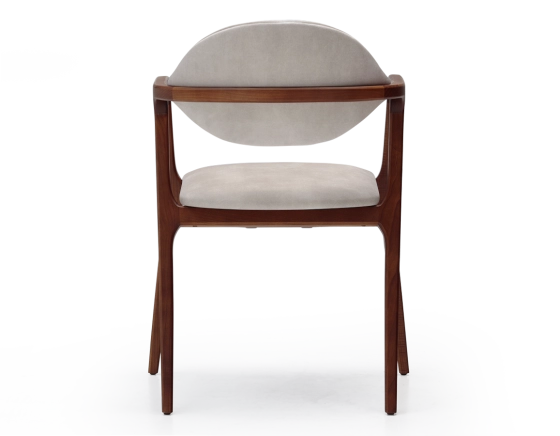 Designer armchair cherry wood stain and sand velvet fabric.