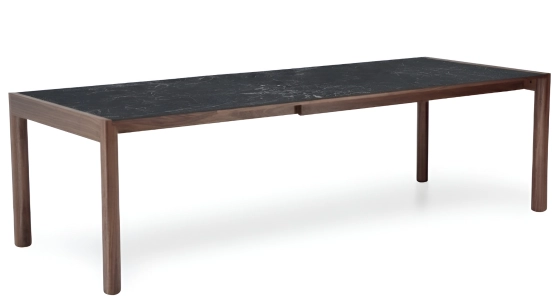 Extending table for 8 to 12 people in walnut and ceramic with ceramic extensions natural wood finish and grey marble-effect ceramic 160x100 cm