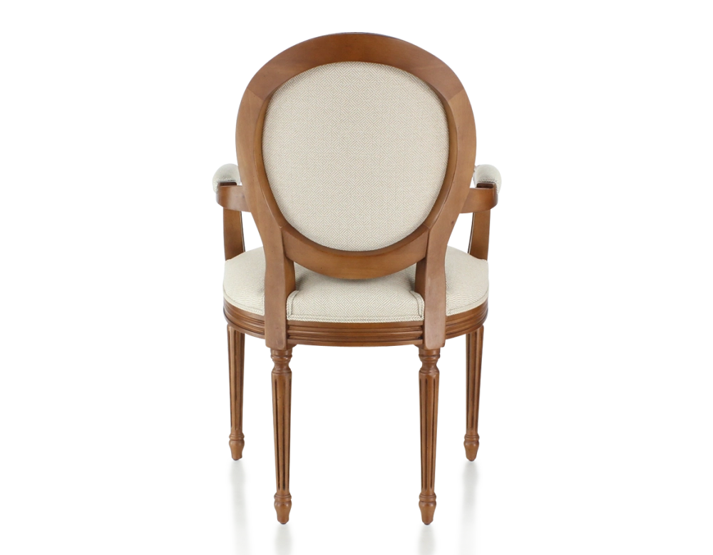 Chaise ancienne style Louis XVI avec accoudoirs bois teinte ancienne et tissu chevron beige Chaise ancienne style Louis XVI avec accoudoirs bois teinte ancienne et tissu chevron beige