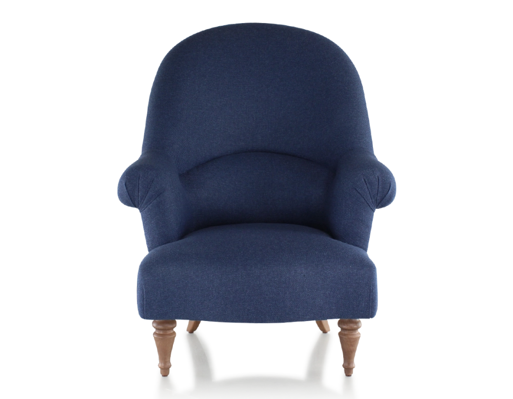 Fauteuil crapaud avec accoudoirs pieds bois teinte noyer et tissu bleu marine haut dossier Fauteuil crapaud avec accoudoirs pieds bois teinte noyer et tissu bleu marine haut dossier