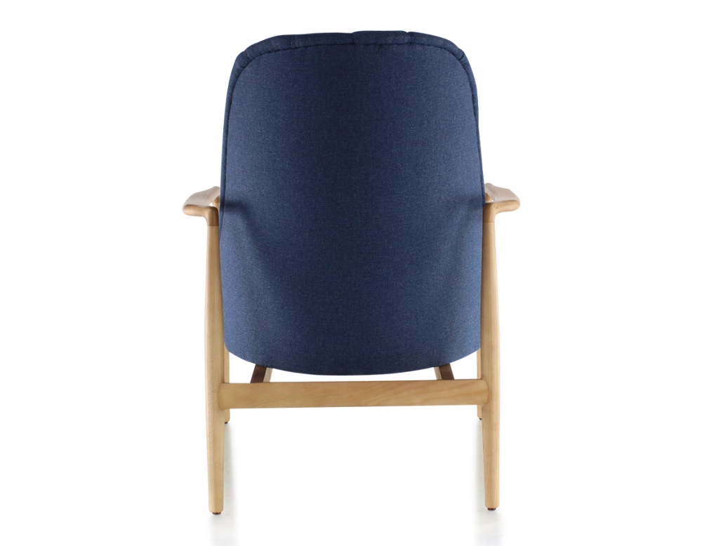 Fauteuil scandinave bois teinte naturelle et tissu bleu marine Fauteuil scandinave bois teinte naturelle et tissu bleu marine