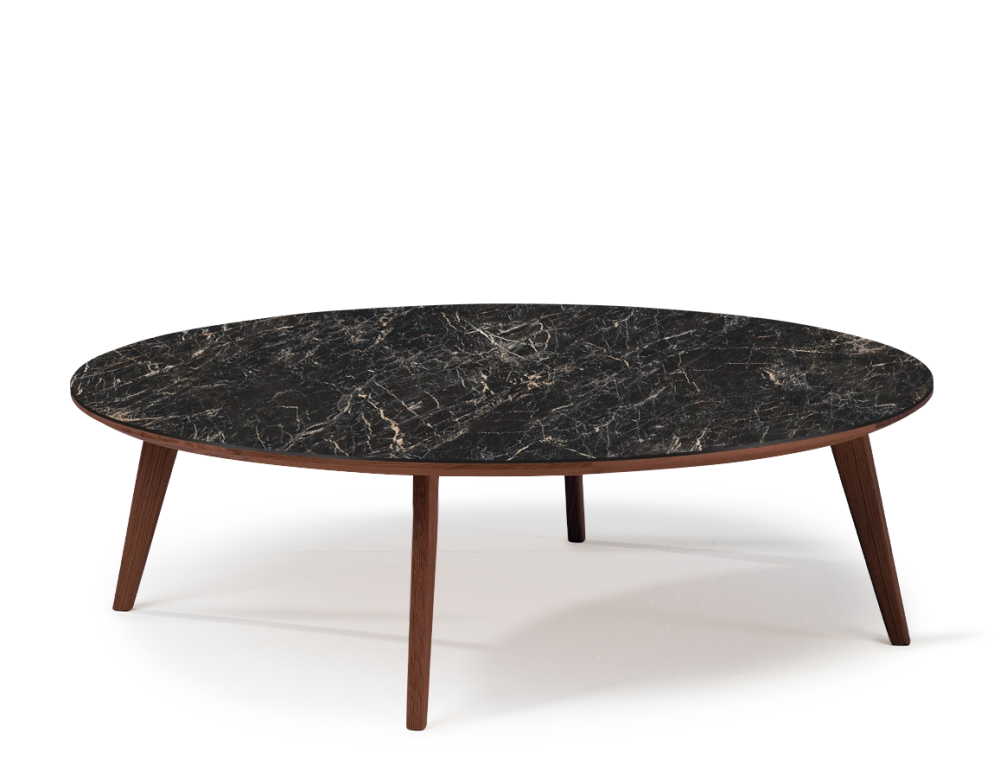 Round coffee table F1 in oak and ceramic dark brown stained wood coffee table with black marble-effect ceramic top. 90x90x40 cm