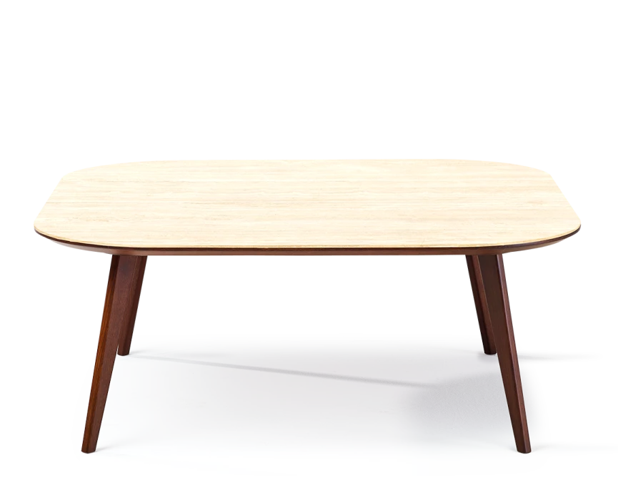 Table basse carré aux angles arrondis F2 plateau céramique bois teinte marron foncé plateau céramique effet Pierre travertin 60x60x30 cm