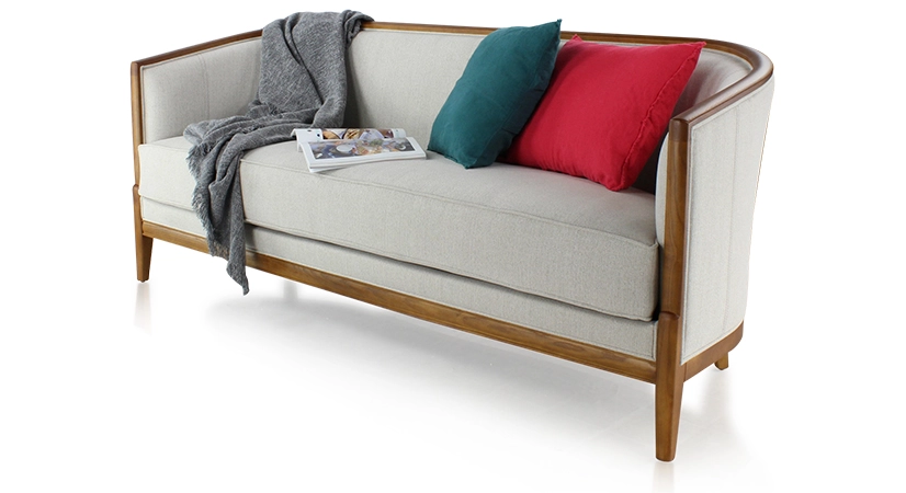 Canapé ancien 3 places bois teinte merisier et tissu beige naturel Canapé ancien 3 places bois teinte merisier et tissu beige naturel