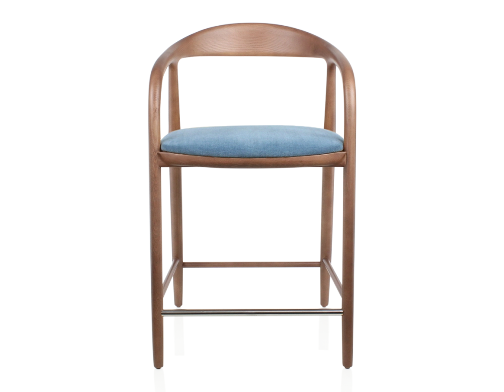 Tabouret de bar H60 cm bois teinte noyer et tissu bleu jean Tabouret de bar H60 cm bois teinte noyer et tissu bleu jean