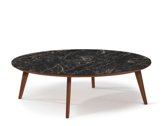 Table basse ronde F1 en noyer et céramique bois teinte naturelle plateau céramique effet marbre noir m2 100x100x30 cm