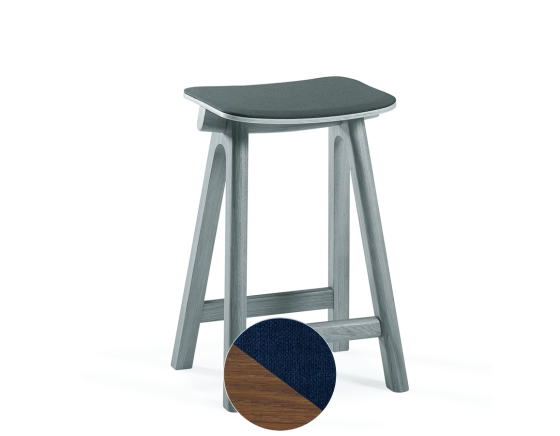 Upholstered oak bar stool H60 cm walnut-stained wood, navy blue seat