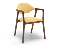 Designer armchair dark brown stained wood and yellow fabric Designer armchair dark brown stained wood and yellow fabric