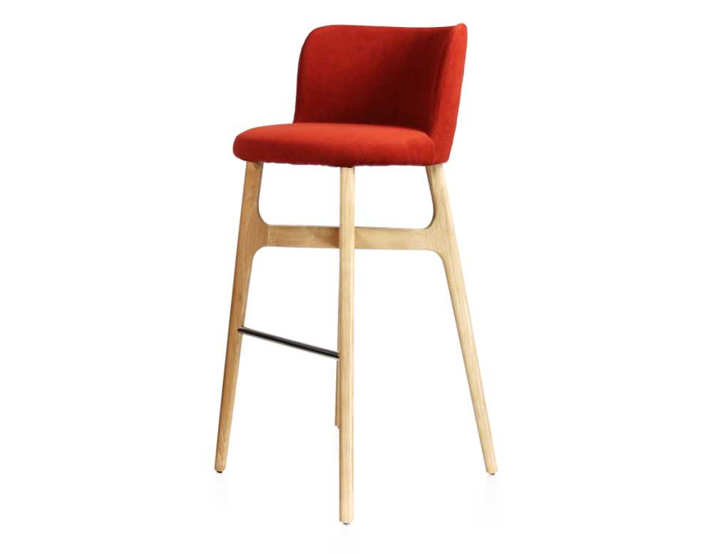 Bar stool h80 cm natural stained wood, burnt orange fabric seat Bar stool h80 cm natural stained wood, burnt orange fabric seat