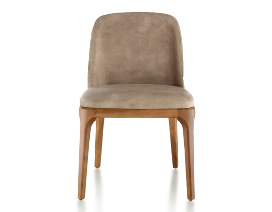 Designer chair cherry-stained wood and light taupe velvet fabric