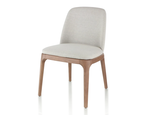 Chaise design bois teinte noyer et tissu beige naturel