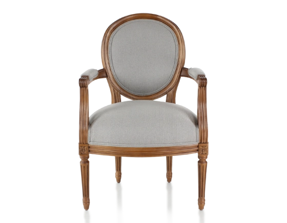 Fauteuil ancien style Louis XVI bois teinte ancienne et tissu gris clair