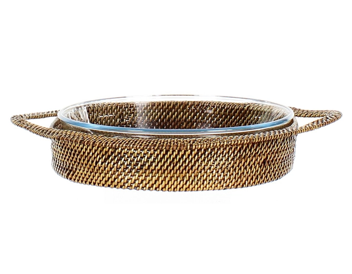 Plat pyrex rond avec support en fleur de rotin