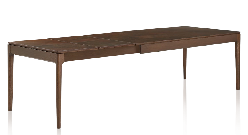 Table extensible en chêne et céramique allonges céramique avec bois teinte marron foncé et plateau et allonges céramique brun oxydé 140x90 cm