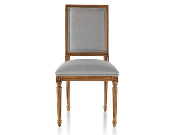 Antique Louis XVI style chair wood stained in an antique style and light grey fabric