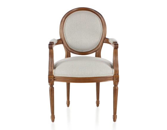 Antique Louis XVI style armchair with armrests wood stained antique and natural beige fabric