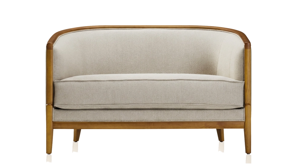 Canapé vintage 2 places bois teinte merisier et tissu beige naturel