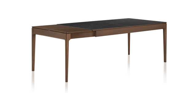 Table extensible 8 à 12 personnes en chêne et céramique allonges bois avec bois teinte marron foncé et plateau céramique effet ardoise 160x100 cm