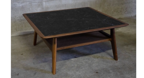 Square walnut and ceramic coffee table natural wood finish with slate effect ceramic top 100x100 cm