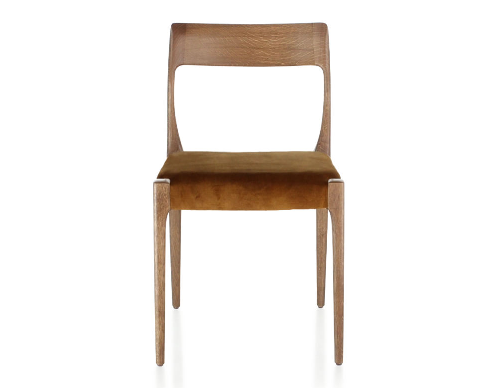 Chaise scandinave bois teinte noyer assise tissu velours bronze Chaise scandinave bois teinte noyer assise tissu velours bronze