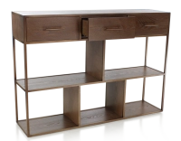 Console design frêne teinte marron foncé et métal patine laiton