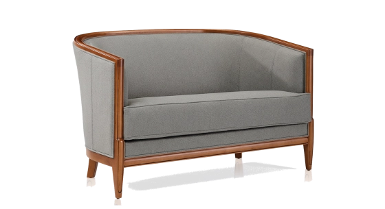 Canapé ancien 2 places accoudoirs moulurés bois teinte ancienne et tissu gris clair