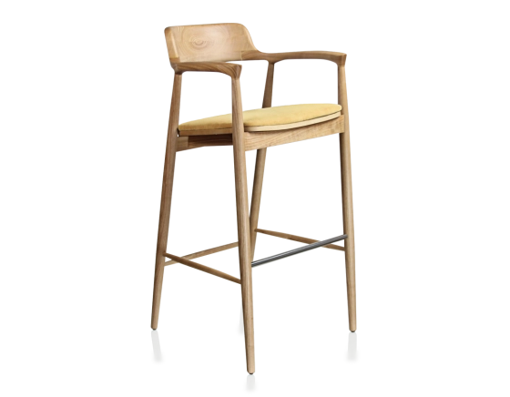 Tabouret de bar h80 cm bois teinte naturelle assise tissu jaune