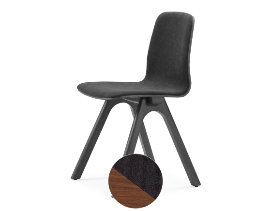 Upholstered oak designer chair walnut-stained wood, charcoal grey fabric seat