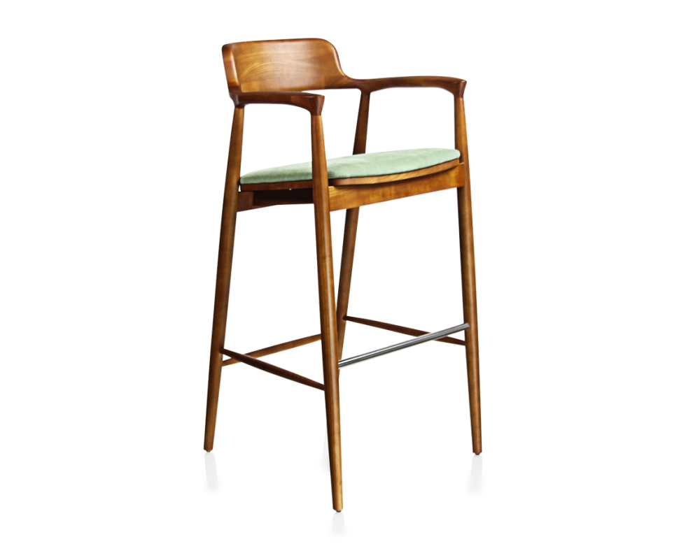 Bar stool h80 cm cherry-stained wood green fabric seat Bar stool h80 cm cherry-stained wood green fabric seat