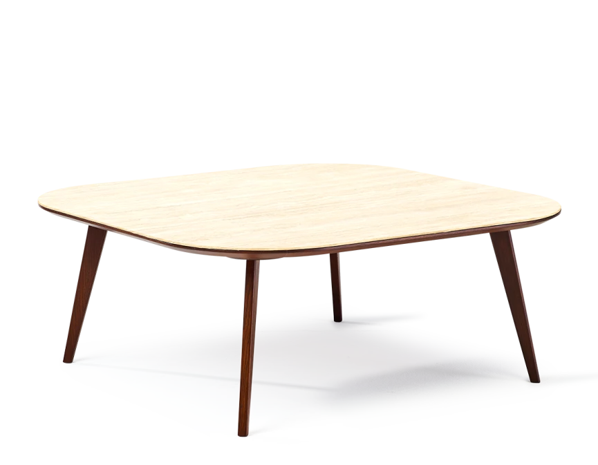 Table basse carré aux angles arrondis F2 plateau céramique bois teinte marron foncé plateau céramique effet Pierre travertin 60x60x30 cm