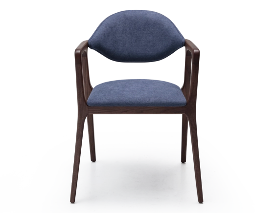 Designer armchair dark brown stained wood and ocean blue fabric.