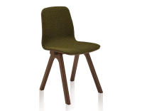 Chaise design en chêne tapissé bois teinte marron foncé assise tissu bouclé vert Chaise design en chêne tapissé bois teinte marron foncé assise tissu bouclé vert