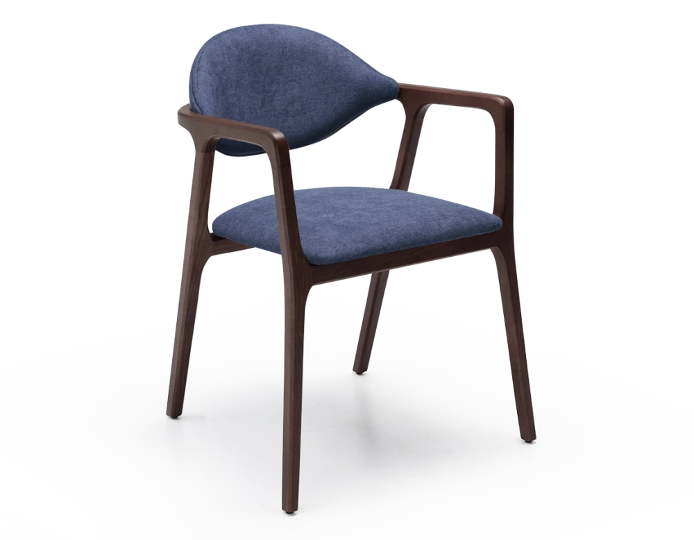 Designer armchair dark brown stained wood and ocean blue fabric. Designer armchair dark brown stained wood and ocean blue fabric.