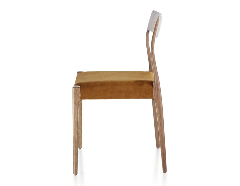Chaise scandinave bois teinte noyer assise tissu velours bronze Chaise scandinave bois teinte noyer assise tissu velours bronze