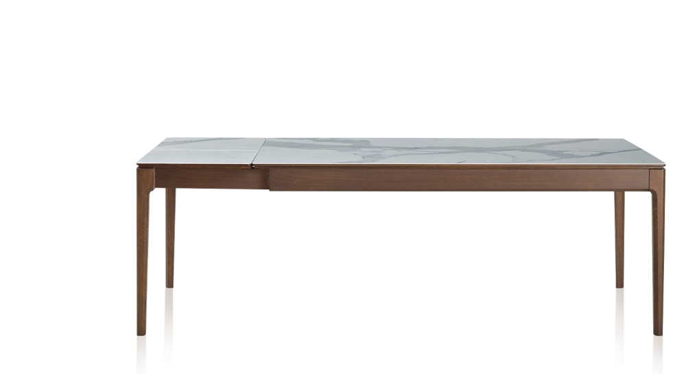 Table extensible en chêne et céramique 6 à 10 personnes allonges céramique avec bois teinte marron foncé et plateau et allonges céramique effet marbre blanc 140x90 cm Table extensible en chêne et céramique 6 à 10 personnes allonges céramique avec bois teinte marron foncé et plateau et allonges céramique effet marbre blanc 140x90 cm