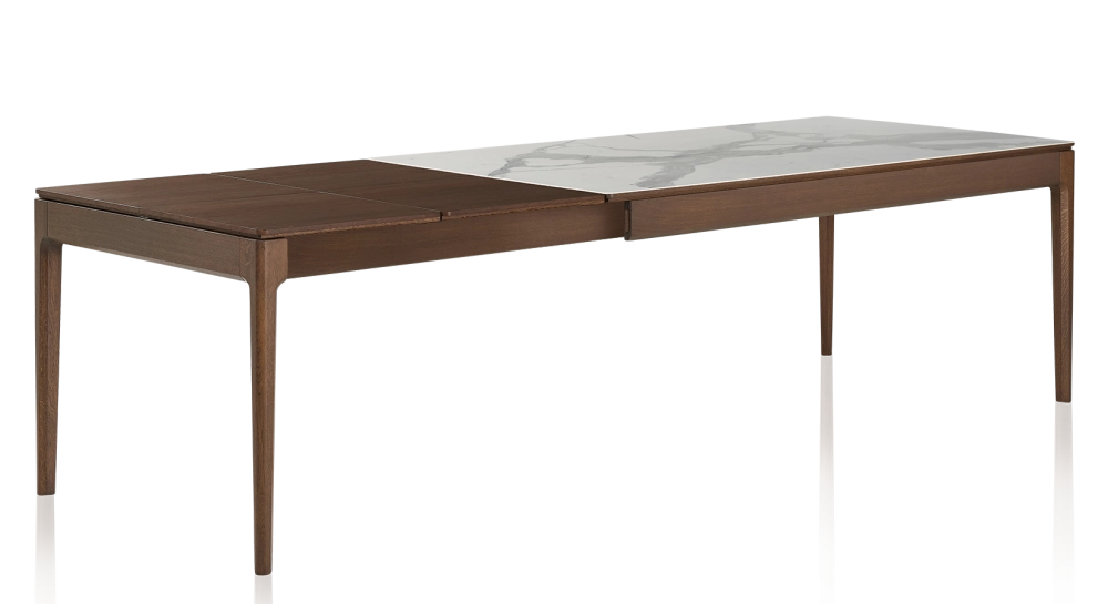 Table extensible 8 à 12 personnes en chêne et céramique allonges bois avec bois teinte marron foncé et plateau céramique effet marbre blanc 180x100 cm Table extensible 8 à 12 personnes en chêne et céramique allonges bois avec bois teinte marron foncé et plateau céramique effet marbre blanc 180x100 cm