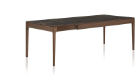 Table extensible 8 à 12 personnes en chêne et céramique allonges céramique avec bois teinte marron foncé et plateau et allonges céramique effet marbre noir 160x100 cm